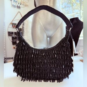 Beaded Black Shoulder Bag with Sculpted Handle